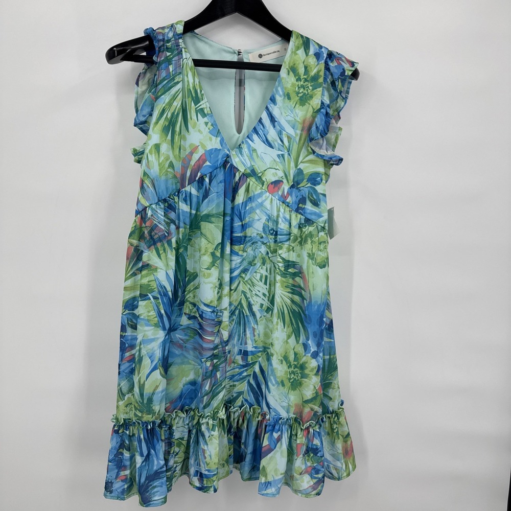 Anthro Impeccable Pig Blue Green Palm Leaves dress size Small New Floral Boho